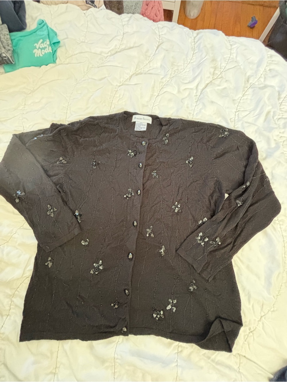 Robert Scott Vintage Black Beaded Sequin Cardigan Large Rayon Blend Glam Knit